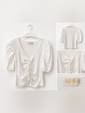 Nation Ltd White Ruched Puff-Sleeve V-Neck Blouse